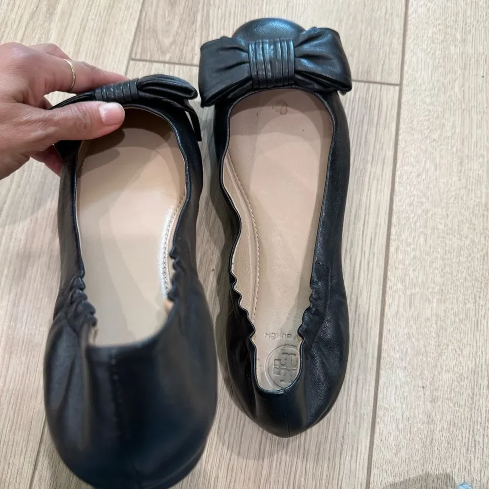 Tory Burch Black Leather Bow Flats